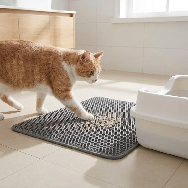 Cat stepping across a grey honeycomb cat litter mat beside a litter box