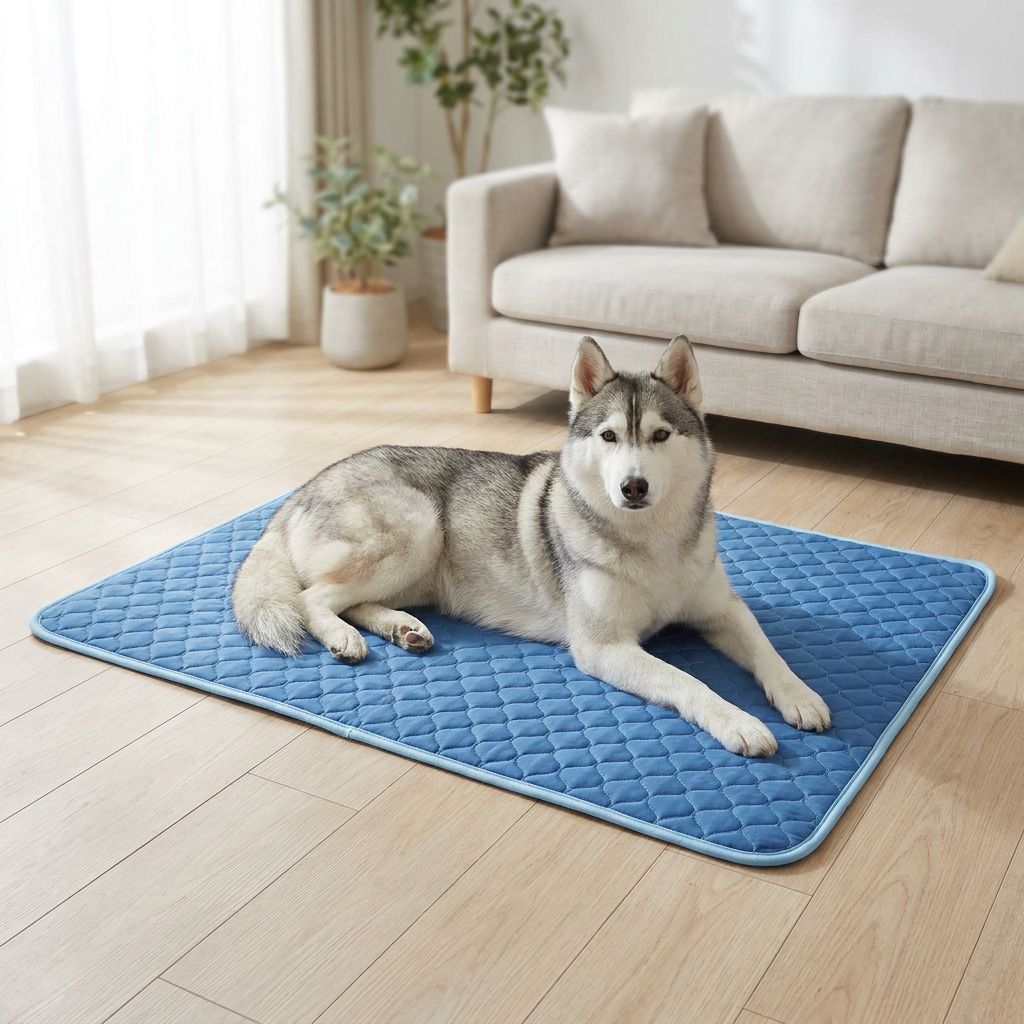 A husky resting on a blue quilted dog cooling mat on a wooden floor