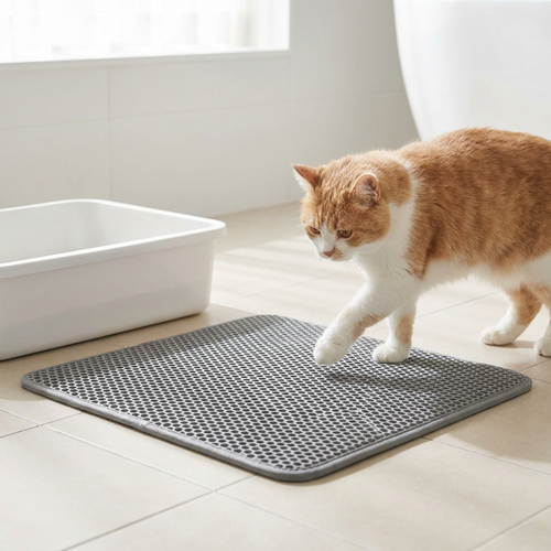 A cat stepping across a grey honeycomb cat litter mat beside a litter box