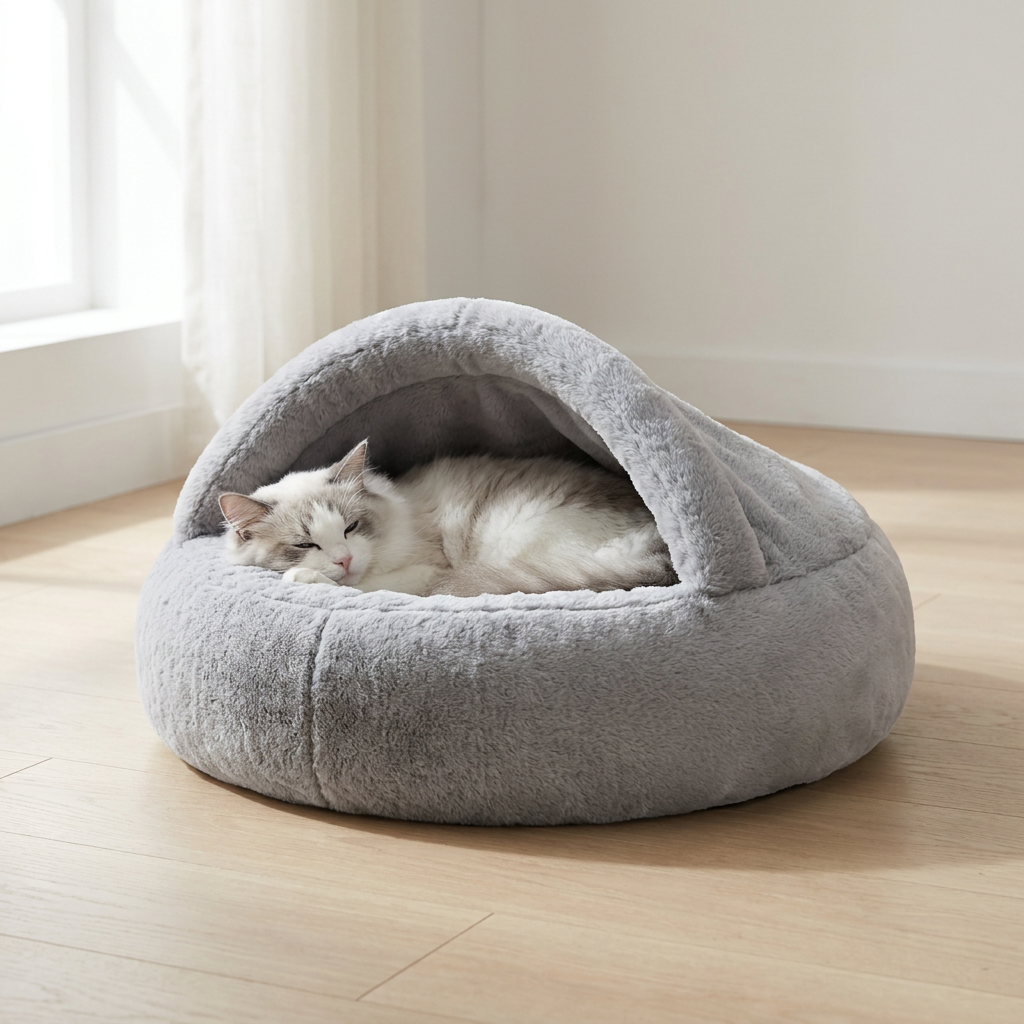 A cat curled inside a grey faux fur hooded donut cat bed