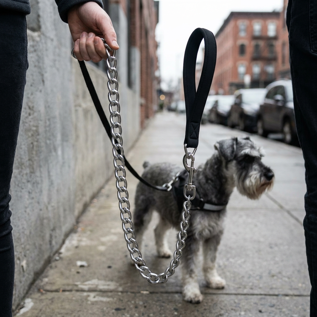 A silver chain dog leash with a black padded handle, walking a schnauzer