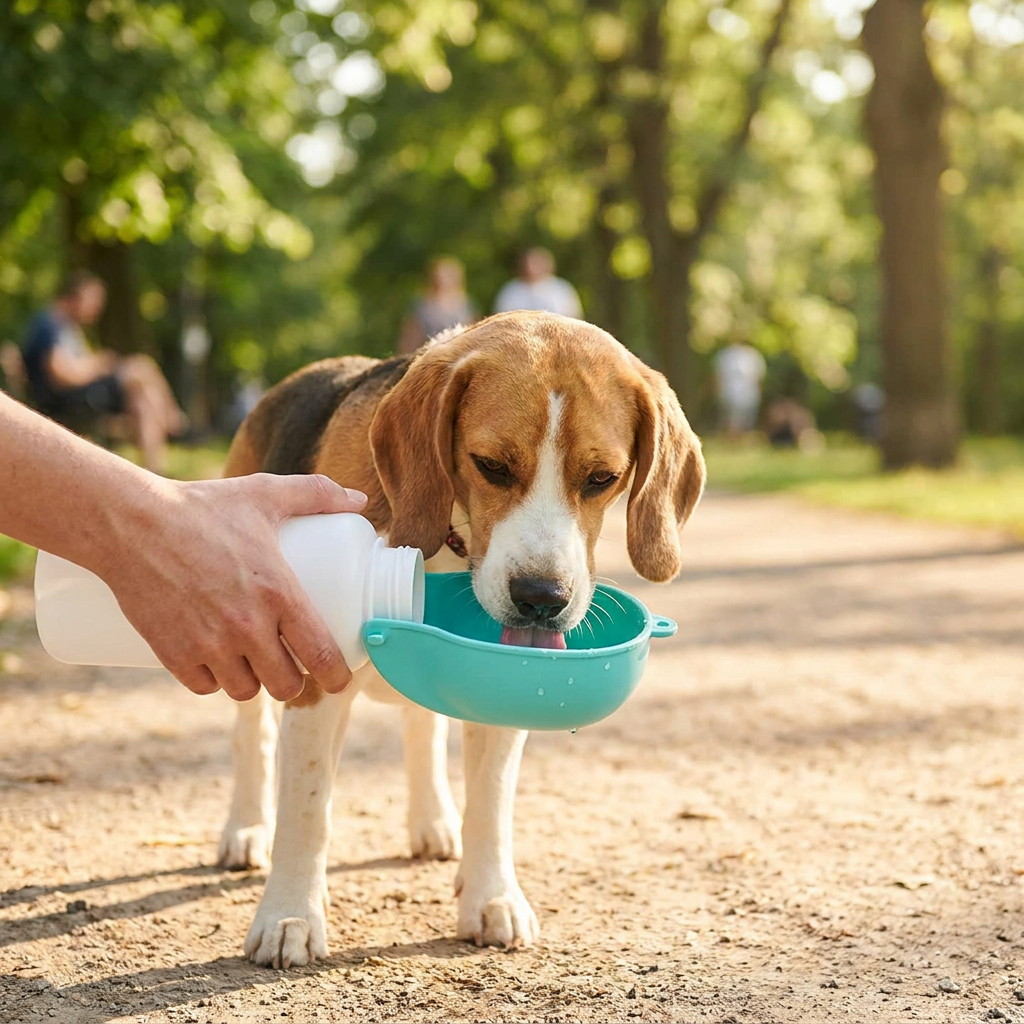 A beagle drinking from the fold-out bowl of a portable dog water bottle