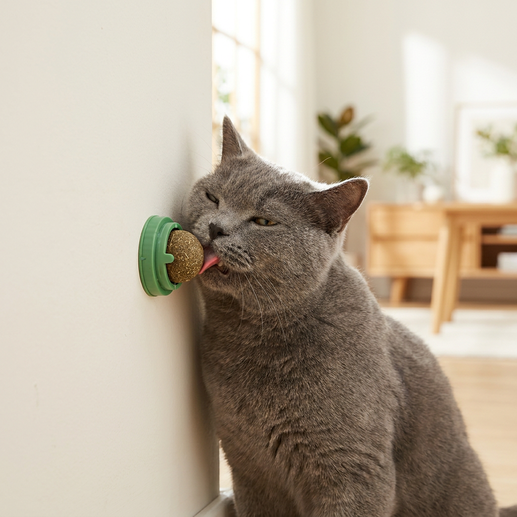 A grey cat licking a green catnip wall ball stuck to a wall