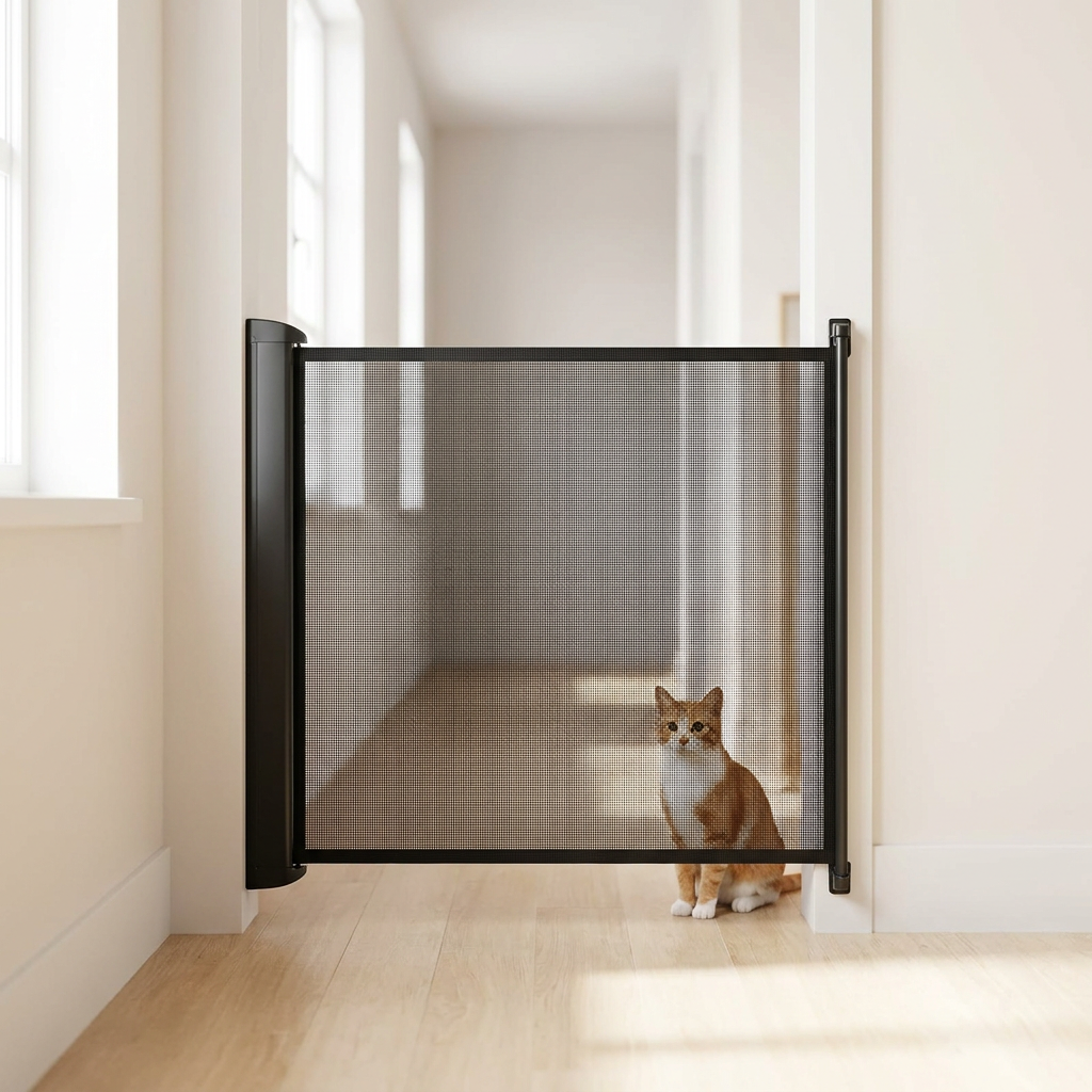 A cat beside a black retractable mesh pet gate in a doorway
