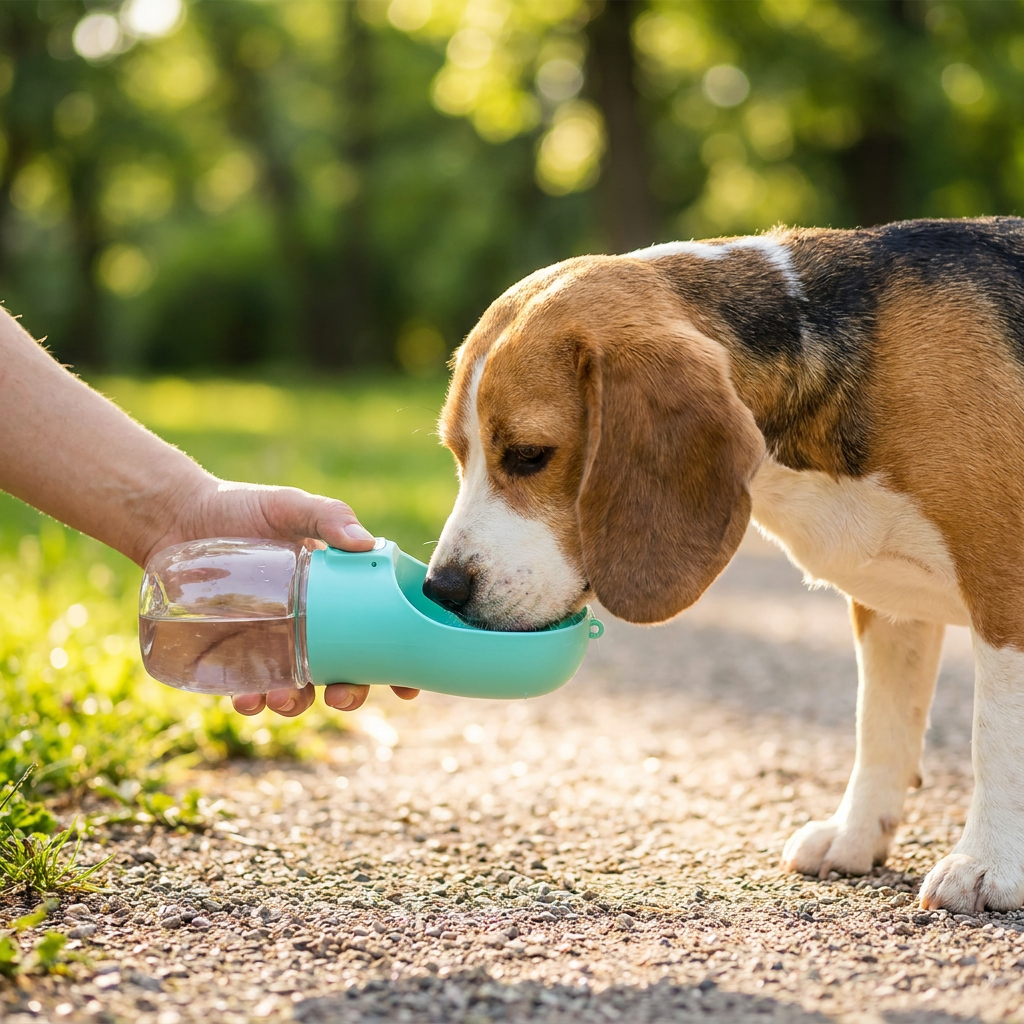 A beagle drinking from a turquoise portable dog water bottle with fold-out bowl on a park path