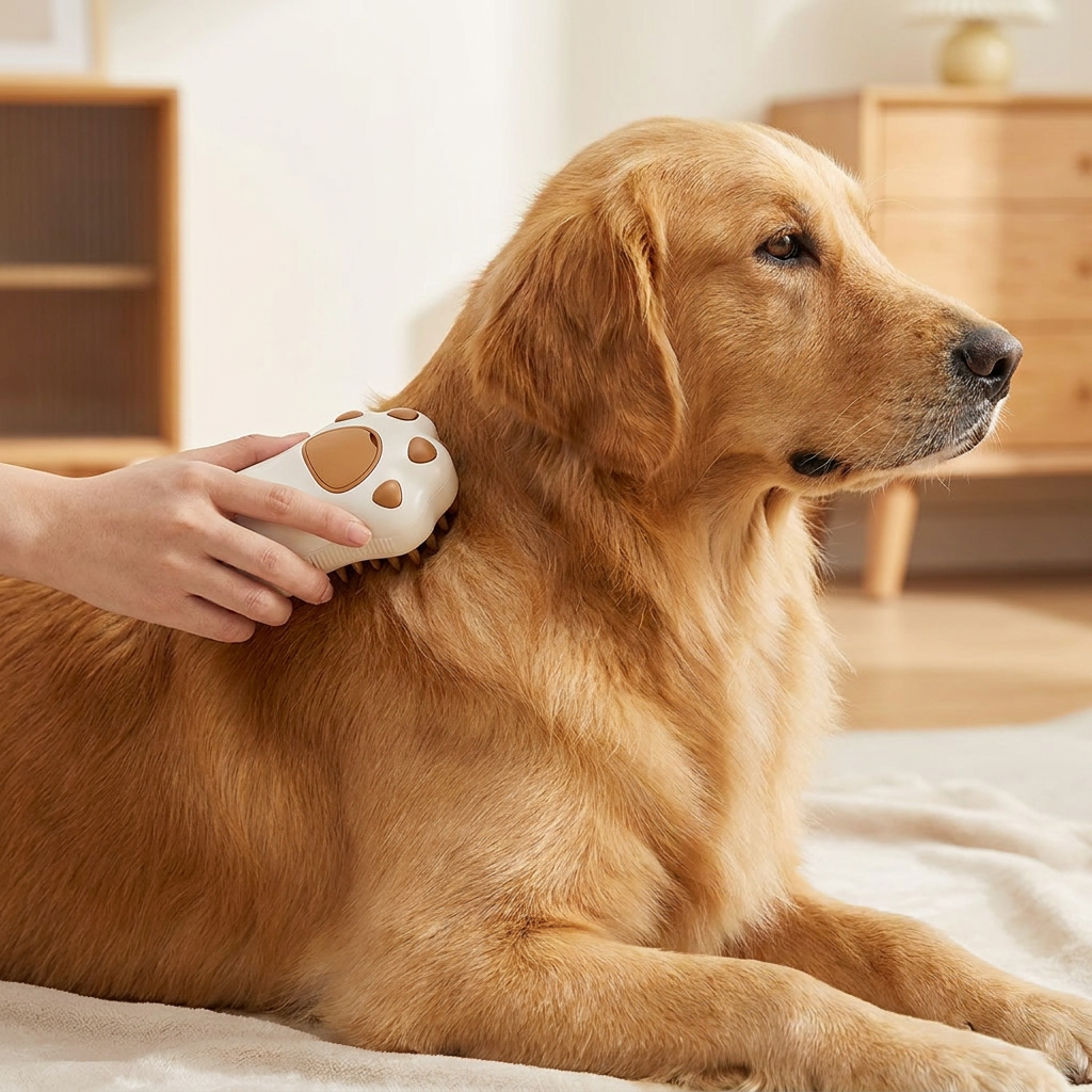 A cream paw-shaped electric grooming brush being used on a golden retriever