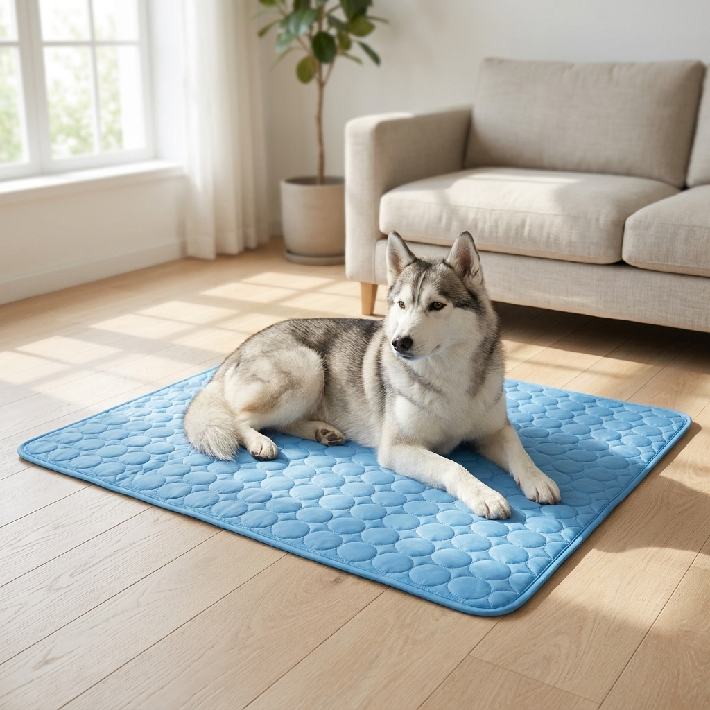 Husky resting on a blue quilted dog cooling mat on a wooden floor