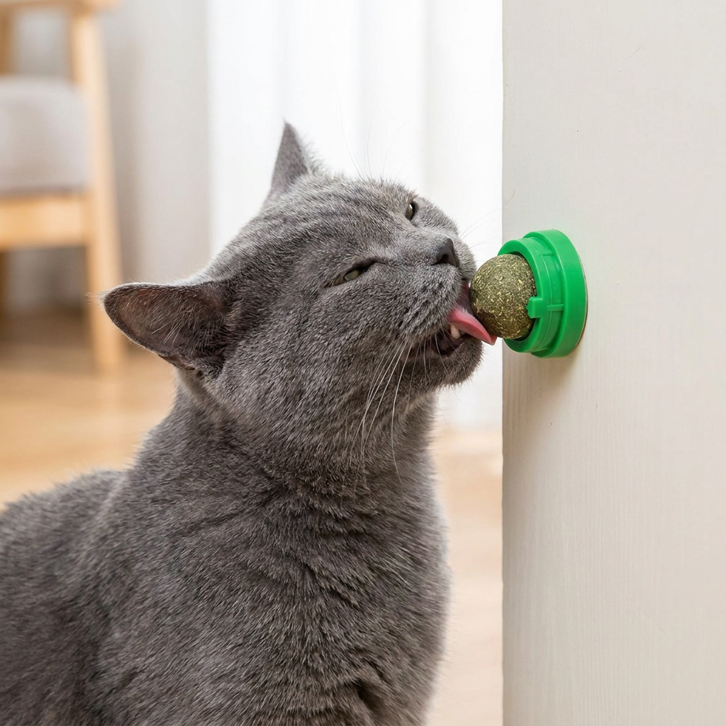 Grey cat licking a green catnip wall ball on a wall