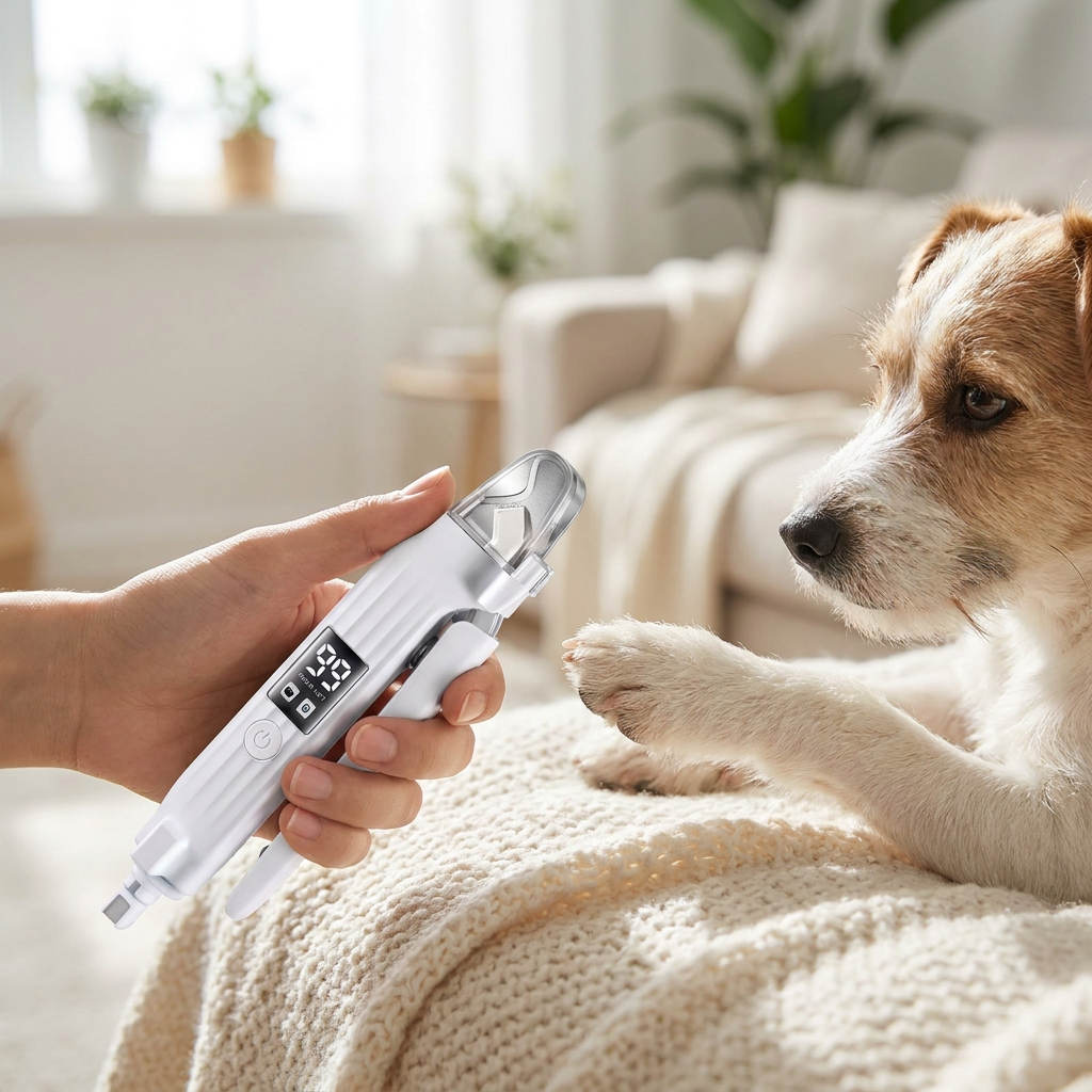 Electric pet nail clipper and grinder trimming a small dog's paw at home