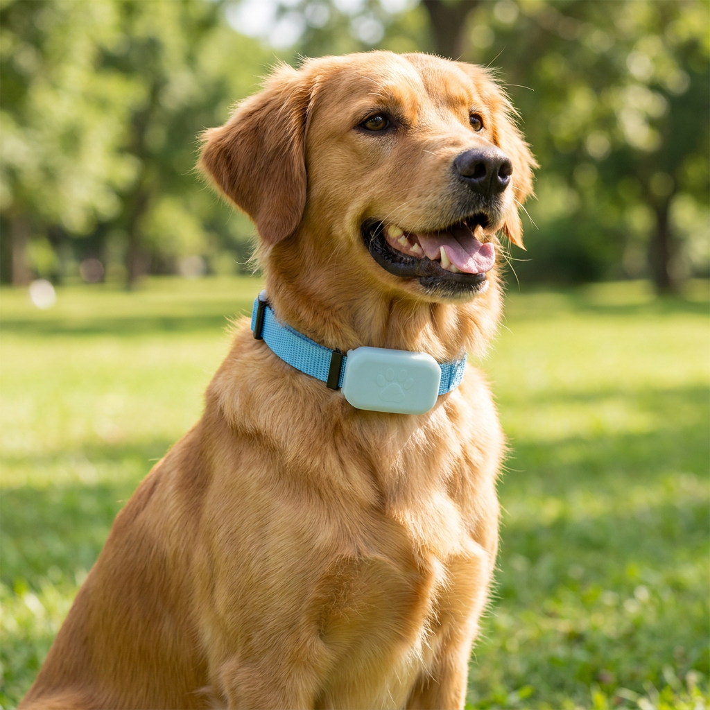 Dog wearing the blue GPS tracker collar in a park