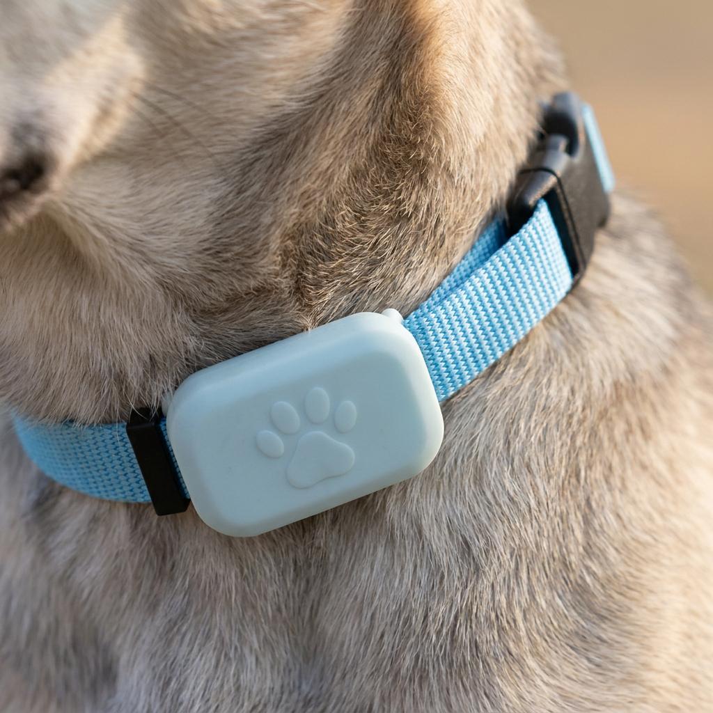 Close-up of the pale-blue paw GPS tracker on a dog collar