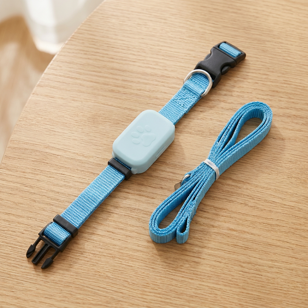 Flat lay of the GPS tracker collar and leash