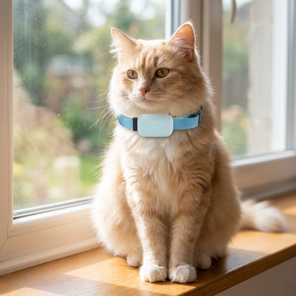 Cat wearing the blue GPS tracker collar on a windowsill