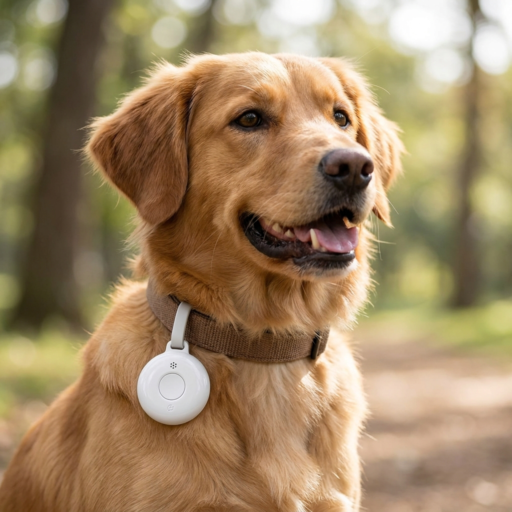 Dog wearing the white smart location tag on its collar
