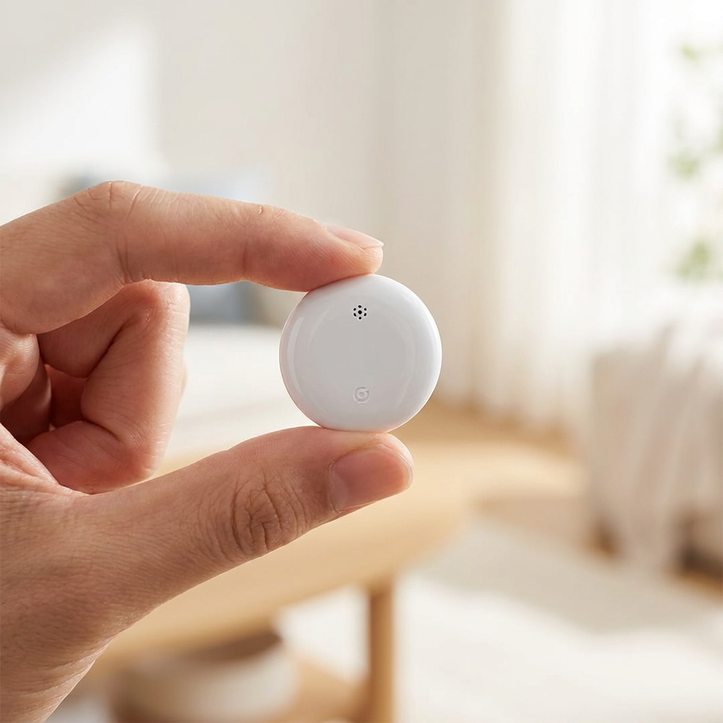 White smart location tag held between fingertips