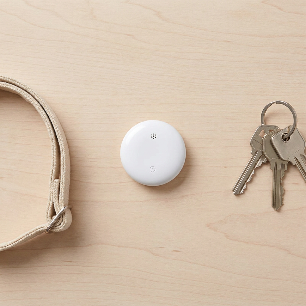 Flat lay of the white smart tag with keys and collar