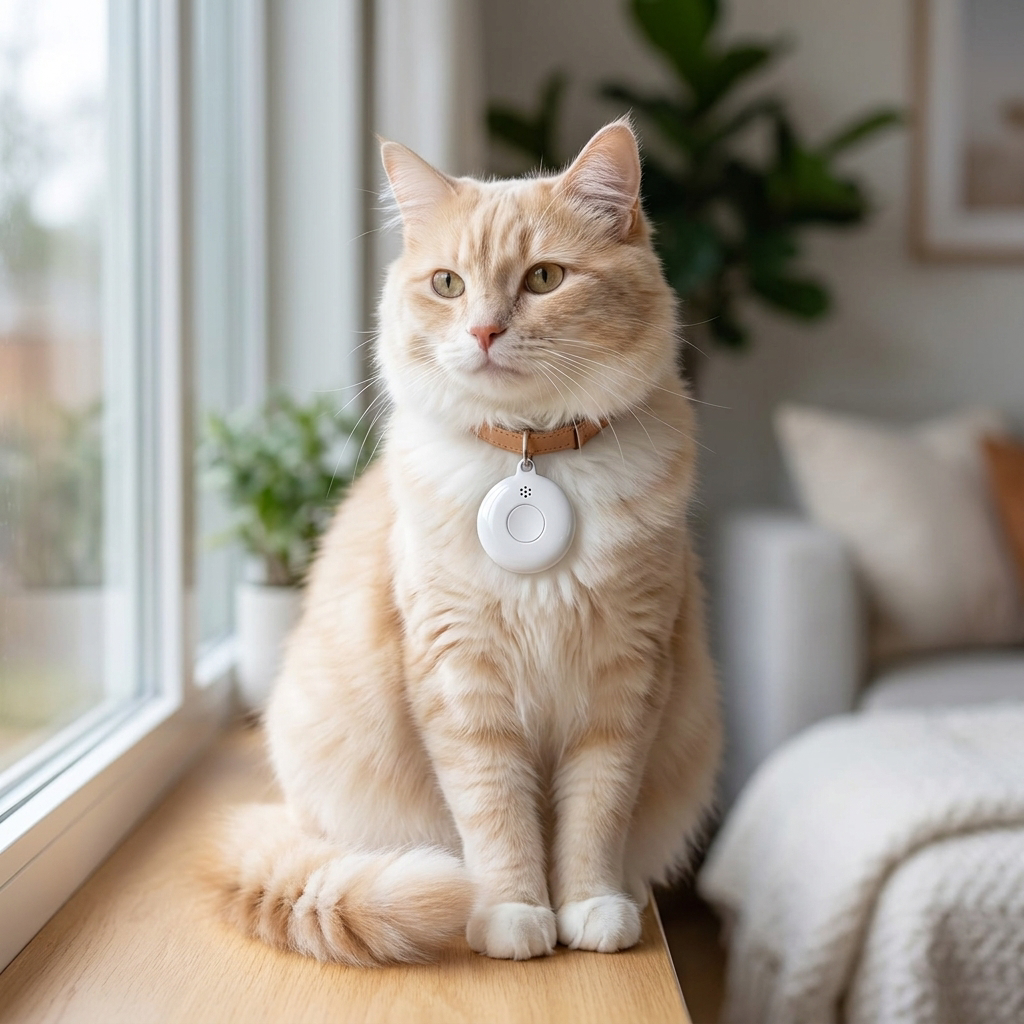 Cat wearing the white smart location tag on its collar