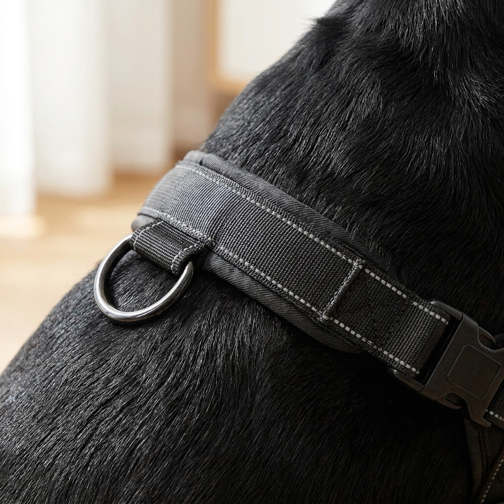 Close-up of the harness chest strap, D-ring and buckle