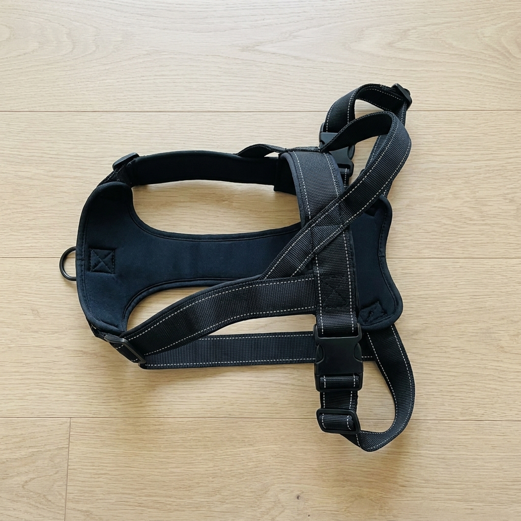 Flat lay of the black tactical dog harness