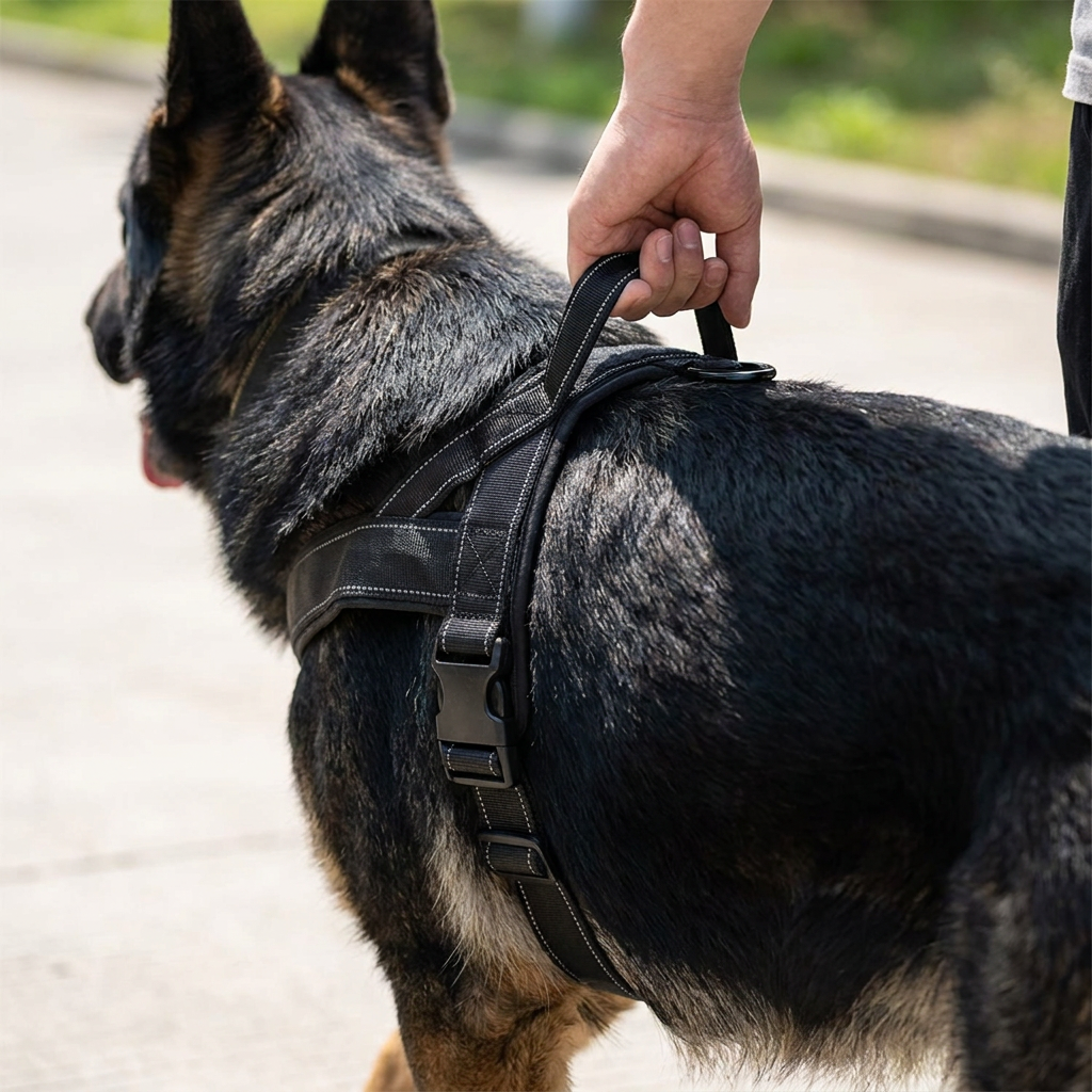 Owner gripping the harness top handle on a large dog