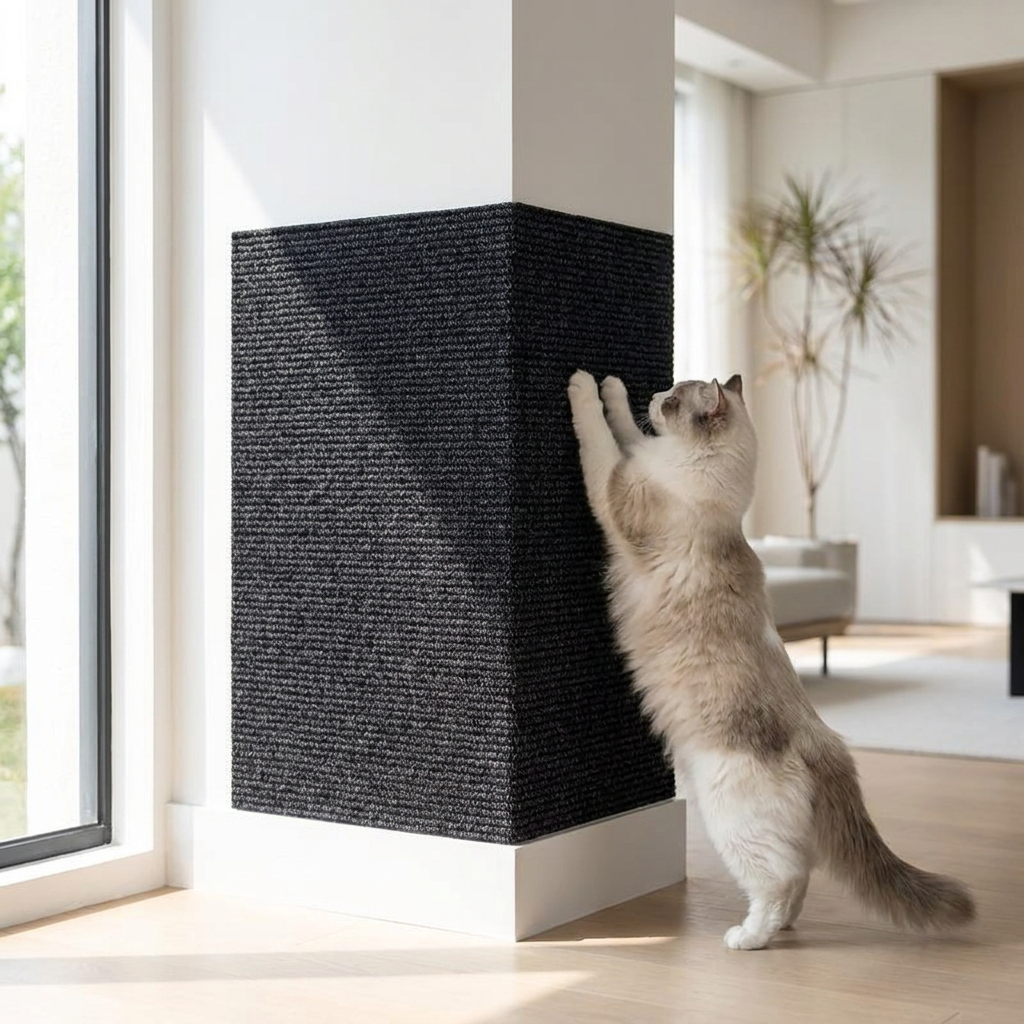 Cat scratching the dark grey wall-mounted scratch mat