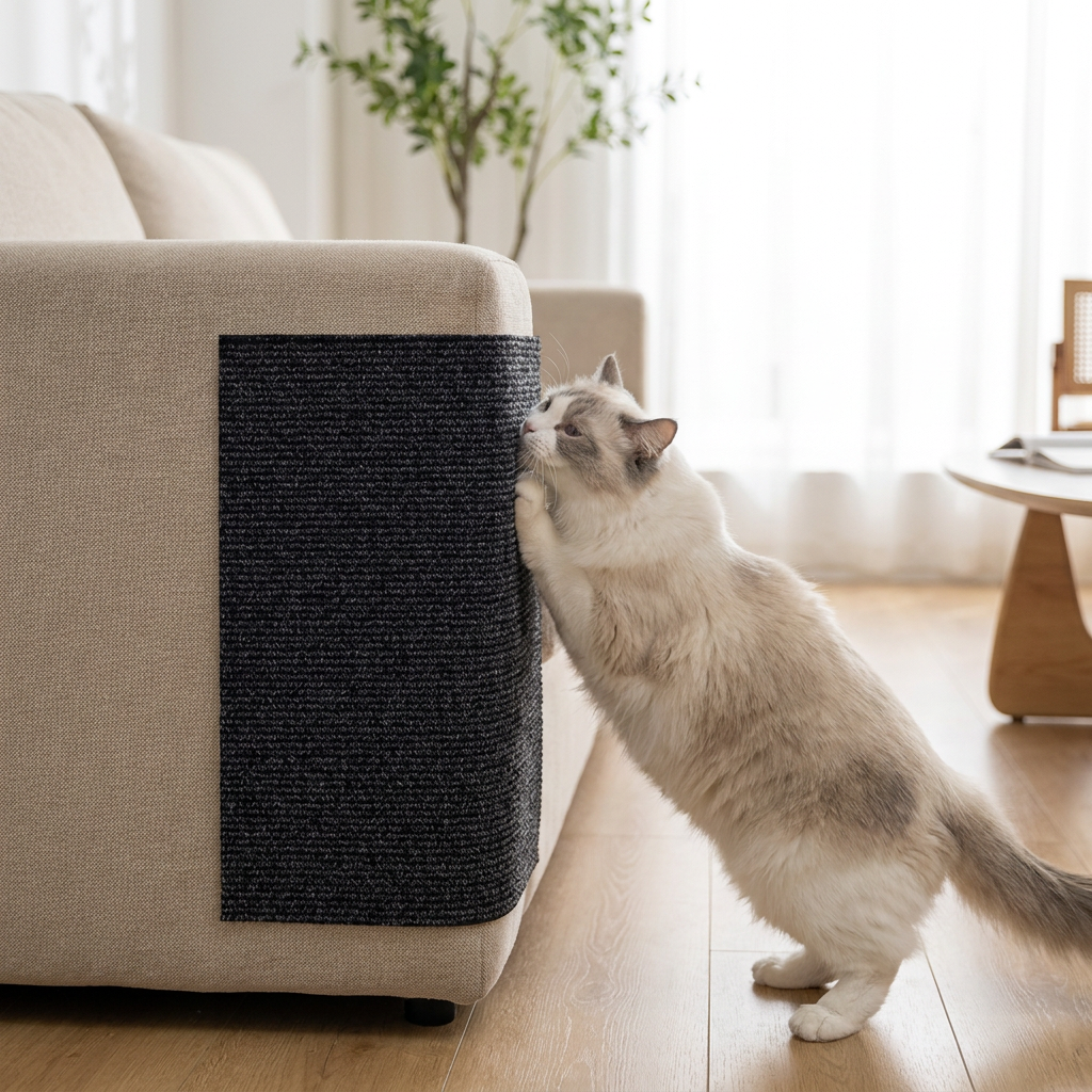 Scratch mat protecting a sofa corner with a cat beside it