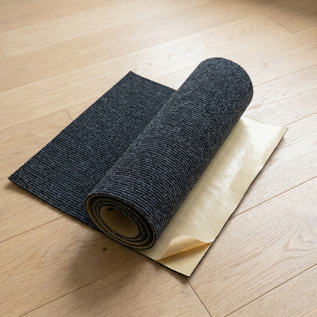 Rolled dark grey self-adhesive scratch mat flat lay
