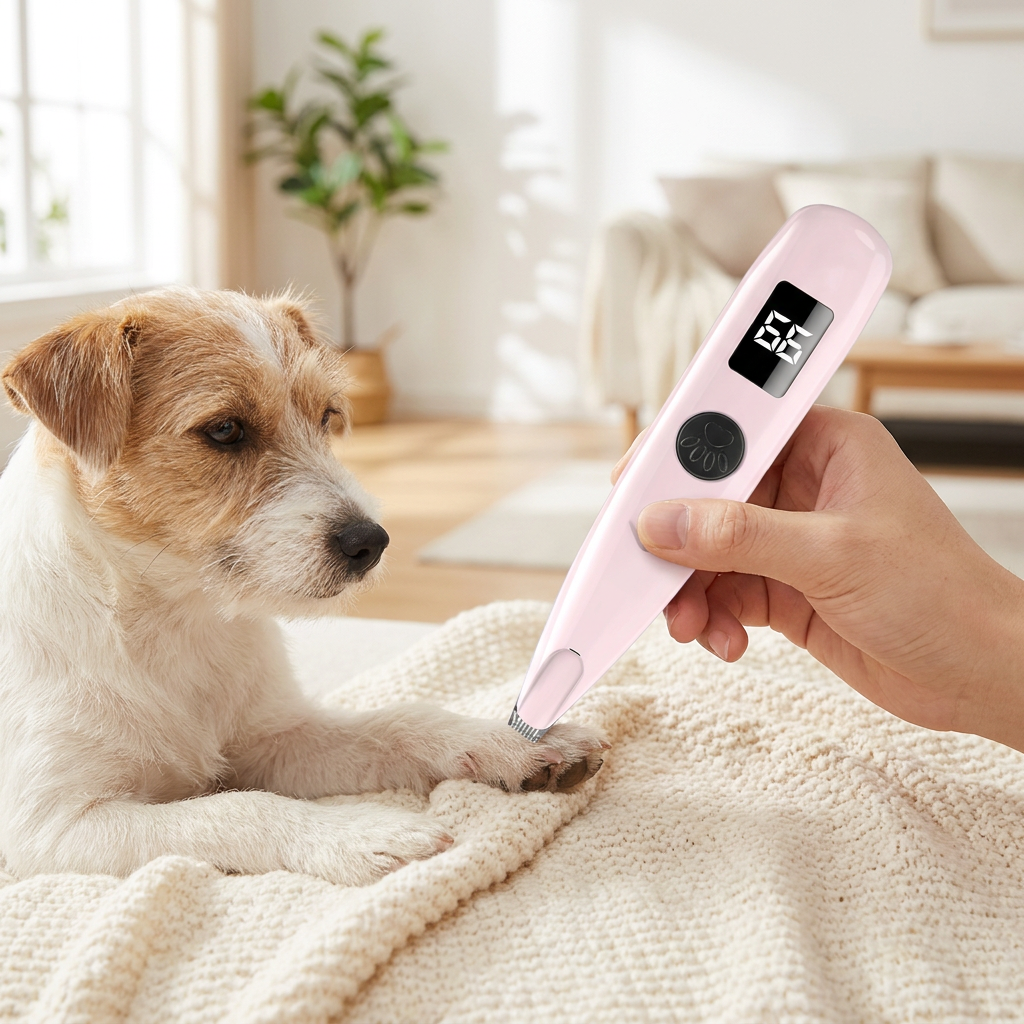 Pink pet paw trimmer trimming a small dog's paw fur