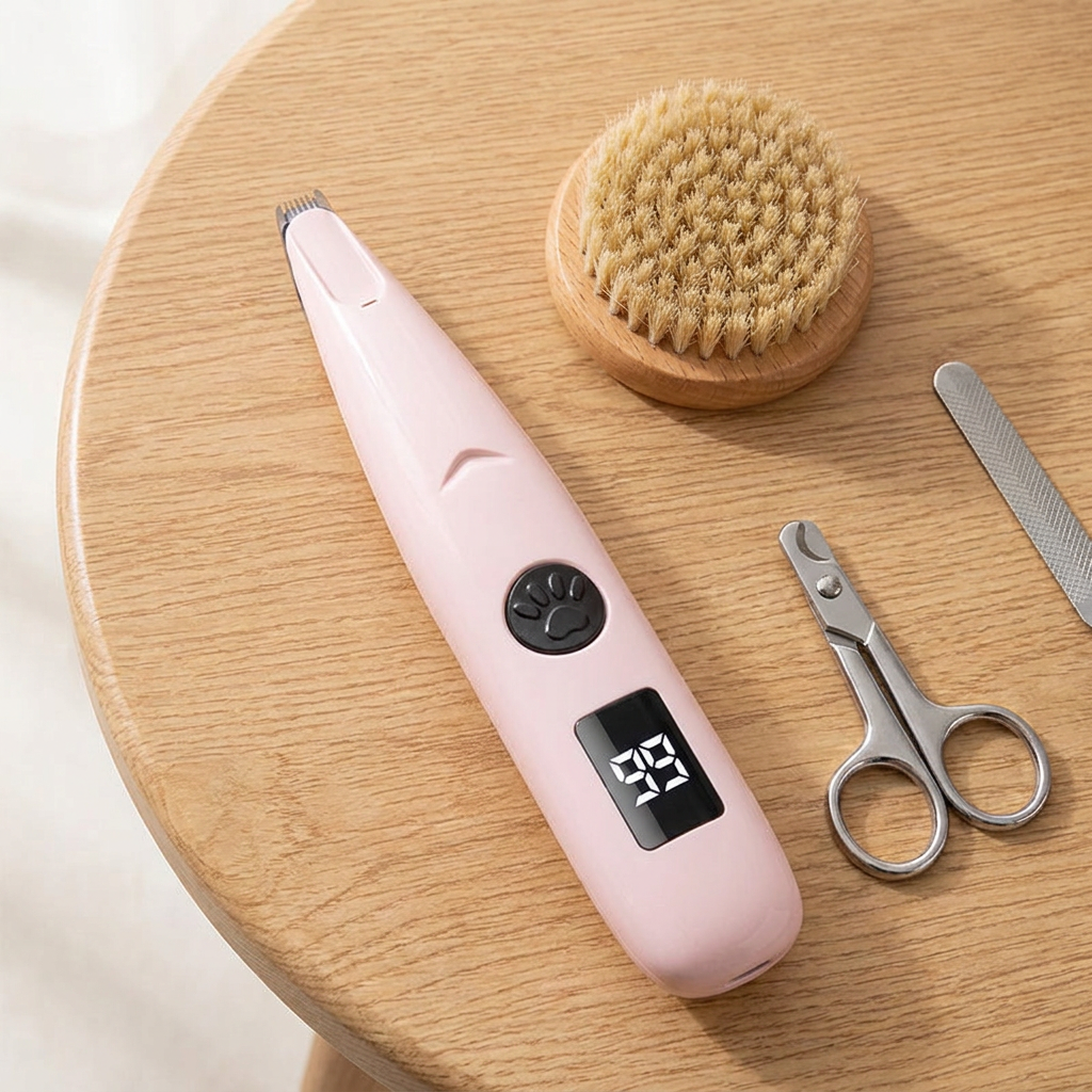 Flat lay of the pink pet paw trimmer with grooming items