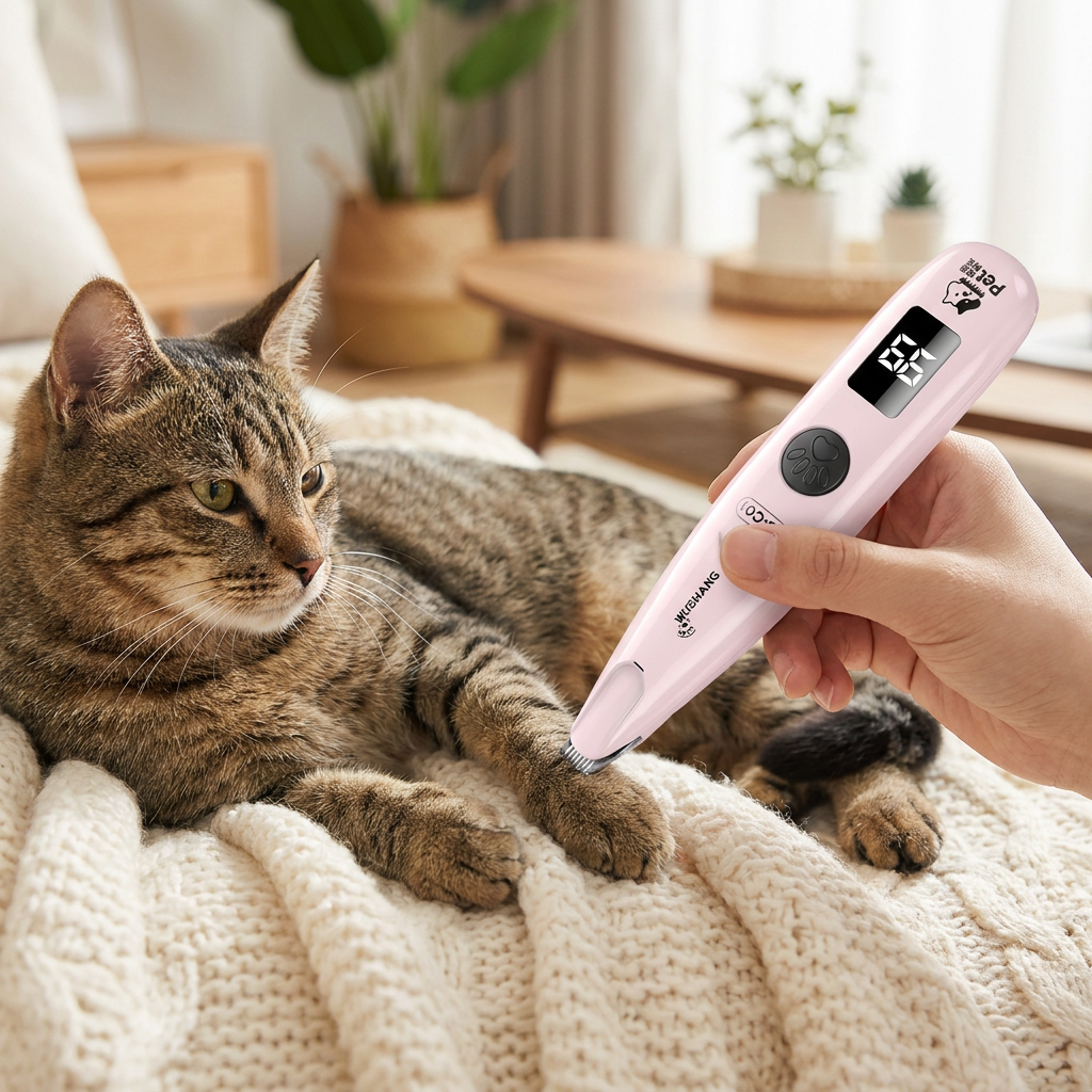 Pink paw trimmer tidying a calm cat's paw fur