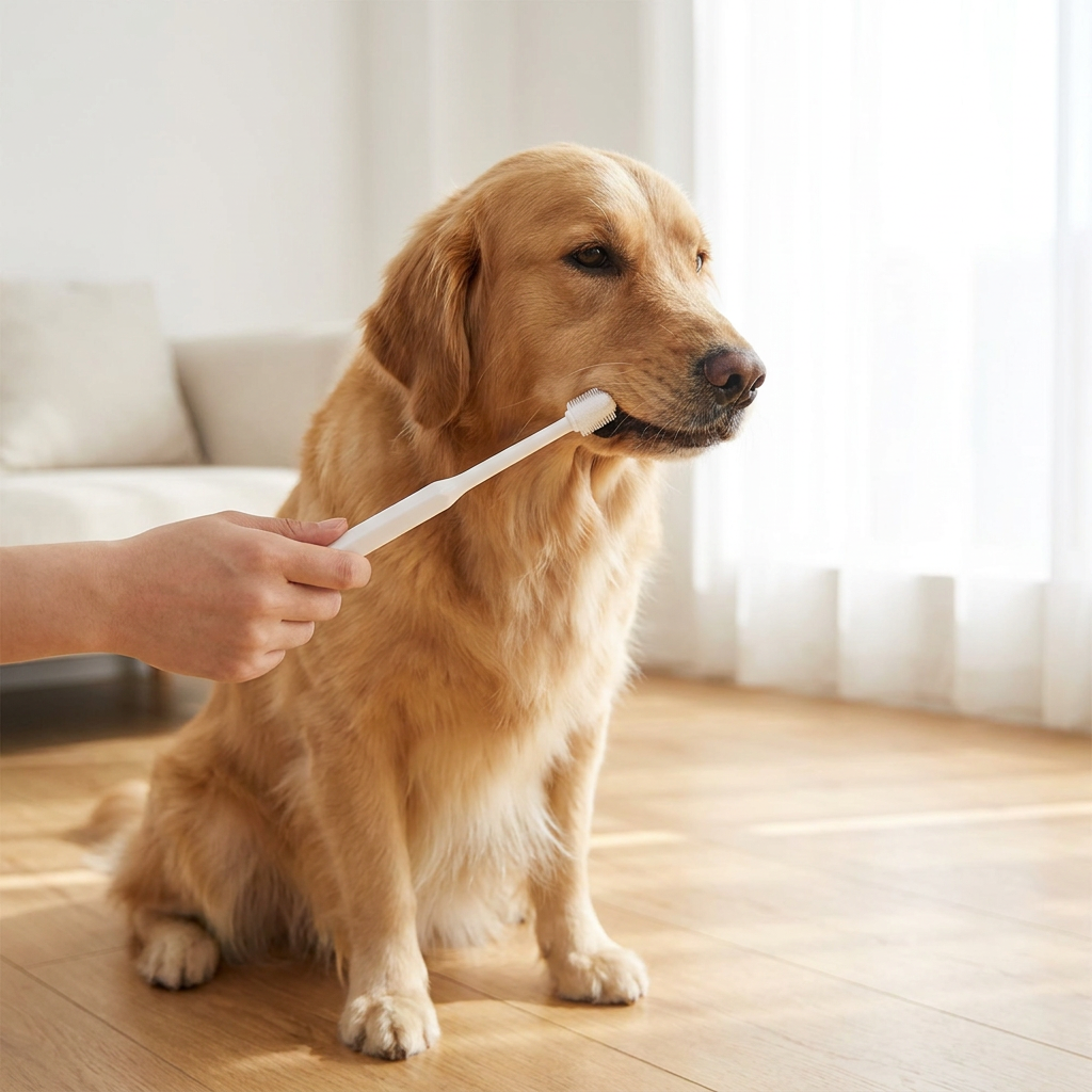 White 360-degree pet toothbrush brushing a dog's teeth