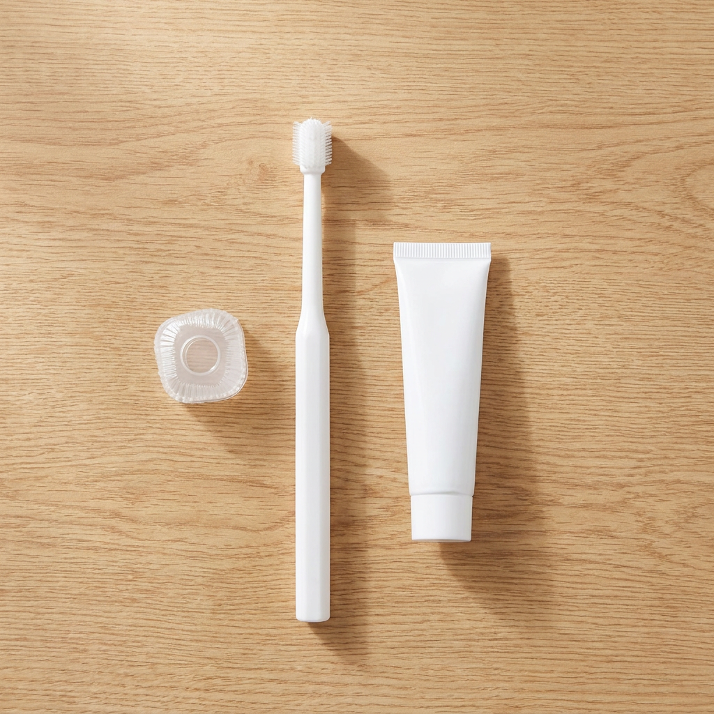 Flat lay of the white pet toothbrush with toothpaste