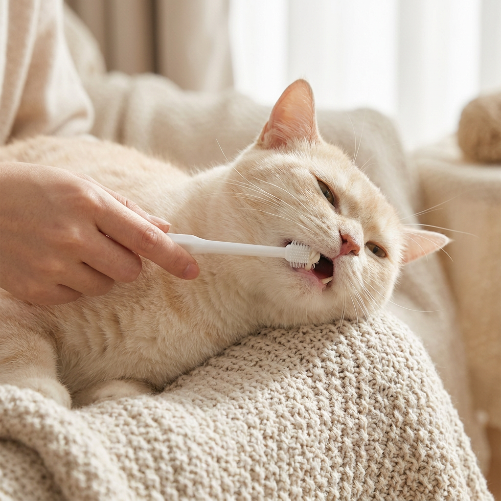 White pet toothbrush brushing a calm cat's teeth