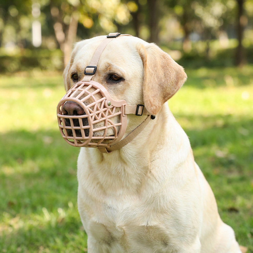 Labrador wearing the beige basket dog muzzle outdoors