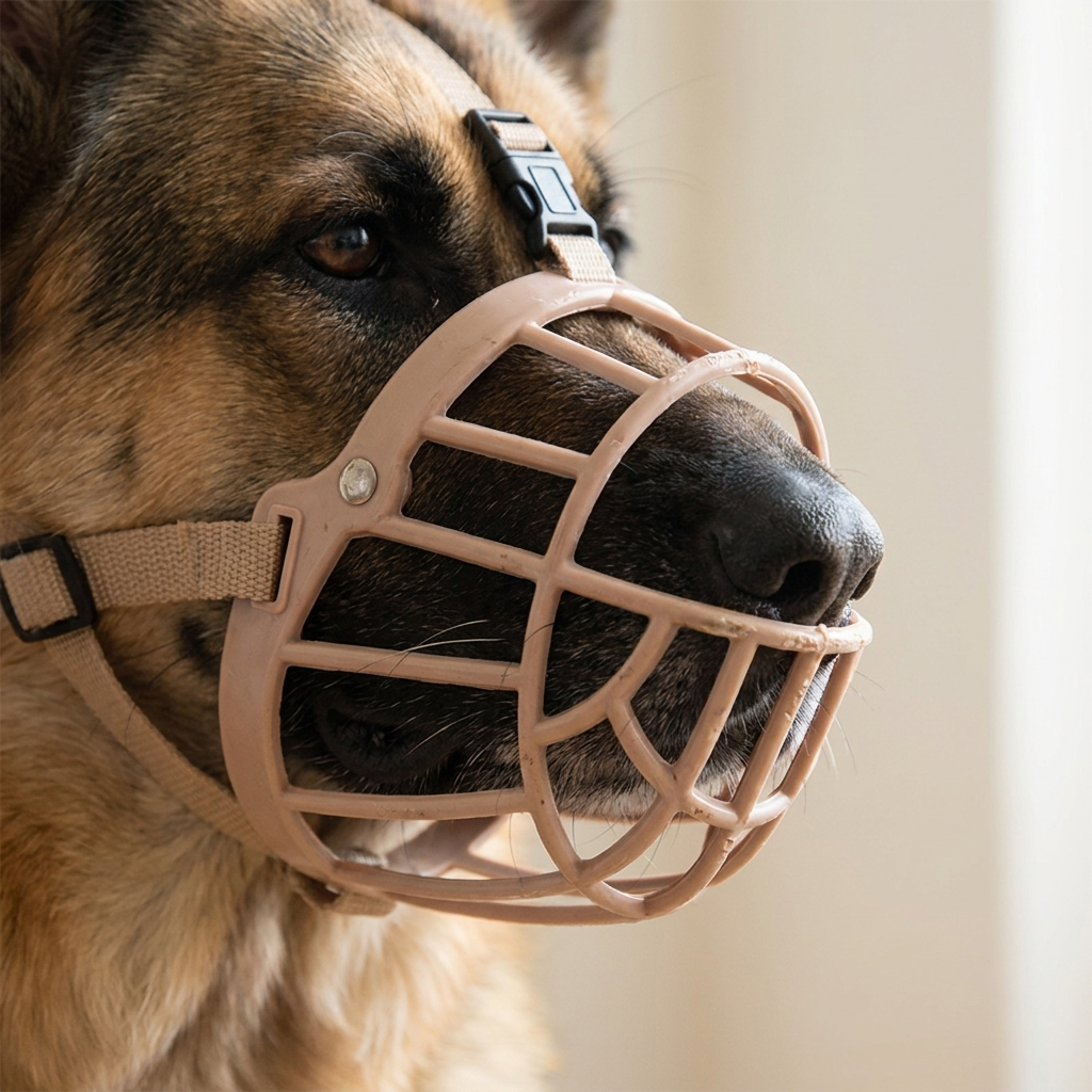 Close-up of the beige basket muzzle on a dog's snout