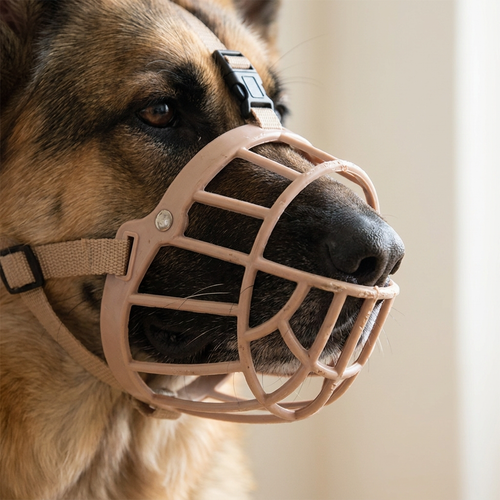 Close-up of the beige basket muzzle on a dog's snout