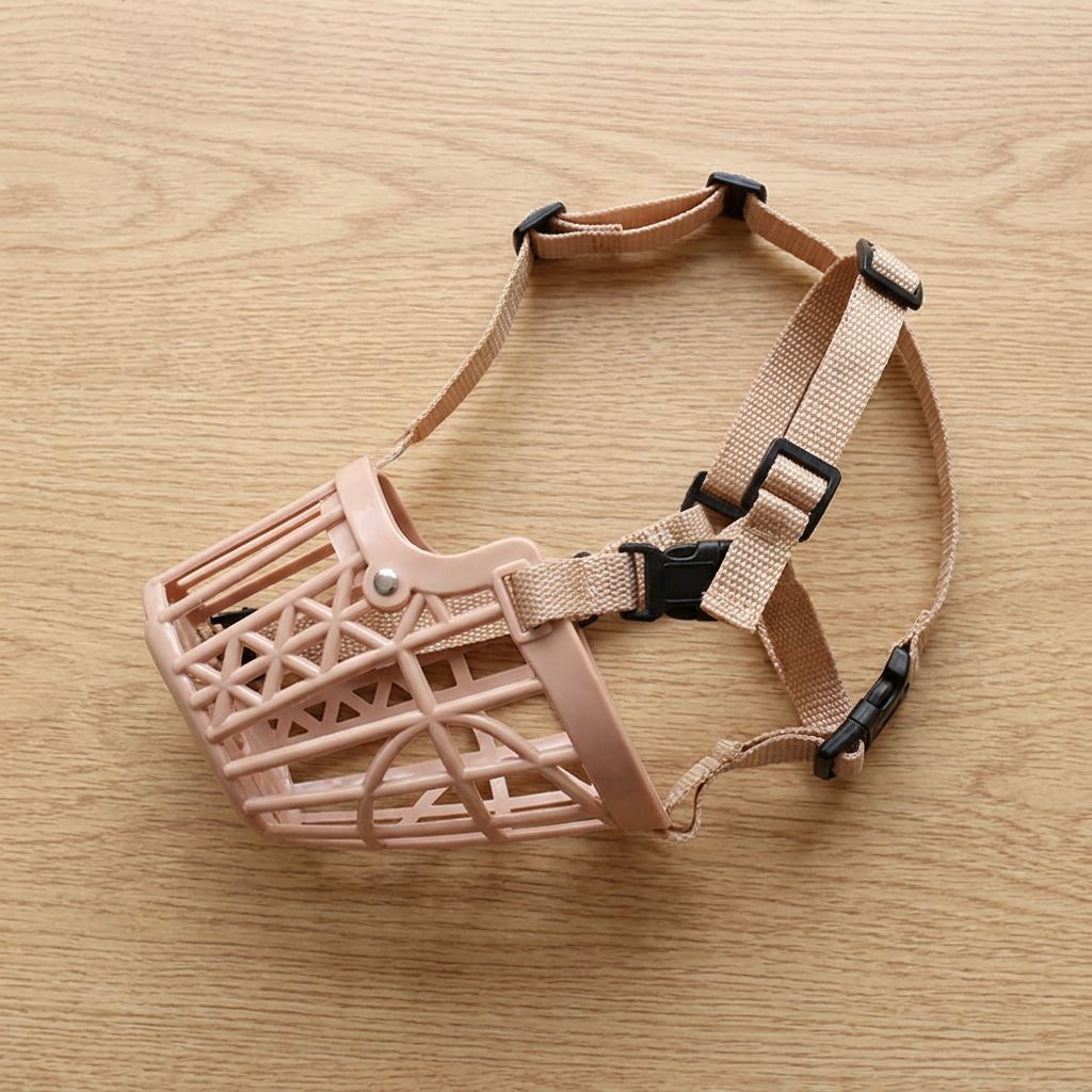 Flat lay of the beige plastic basket dog muzzle