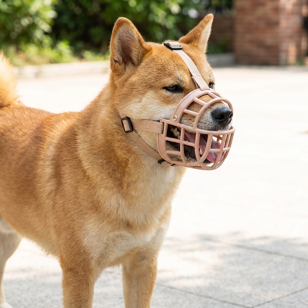 Dog walking outdoors wearing the beige basket muzzle
