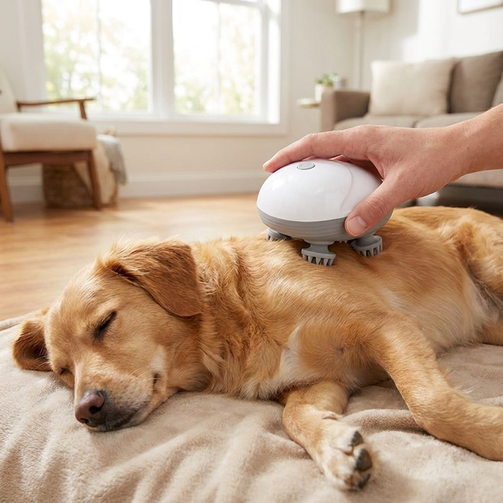 Electric pet massager massaging a relaxed dog's back