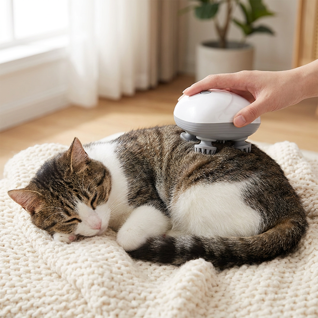 Electric pet massager used on a relaxed cat